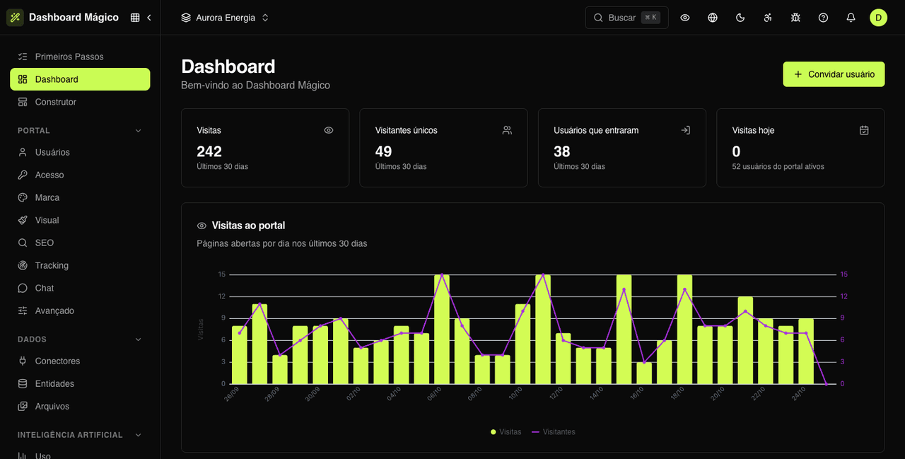 Dashboard com visitas, visitantes únicos e usuários que entraram no portal nos últimos 30 dias