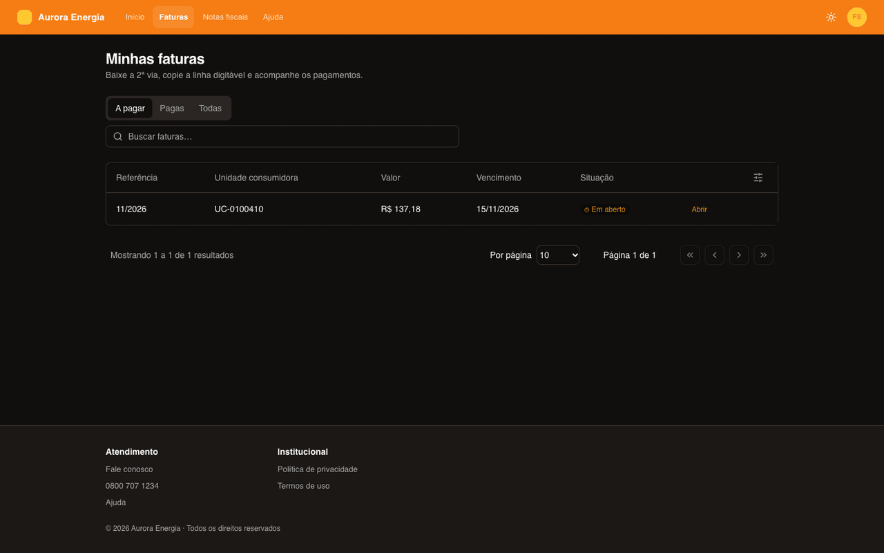 Página de faturas do portal com abas A pagar, Pagas e Todas