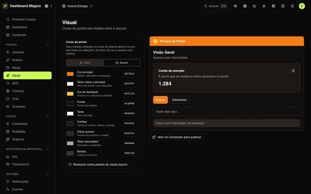 Tela de cores do portal com preview dos modos claro e escuro