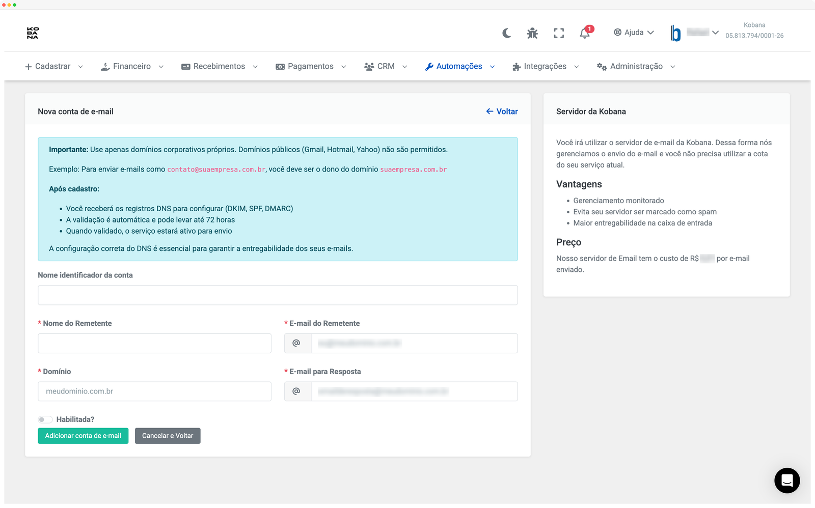 Configuração de conta de envio