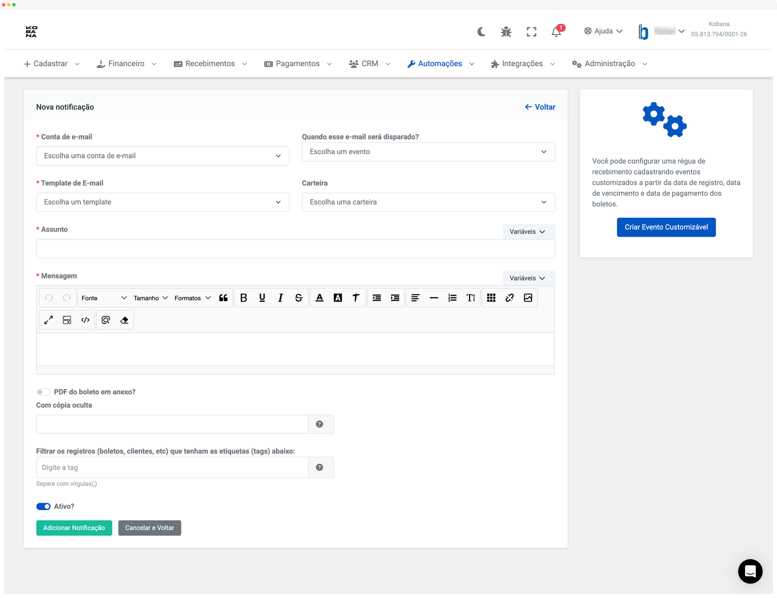 Formulário de configuração de notificação