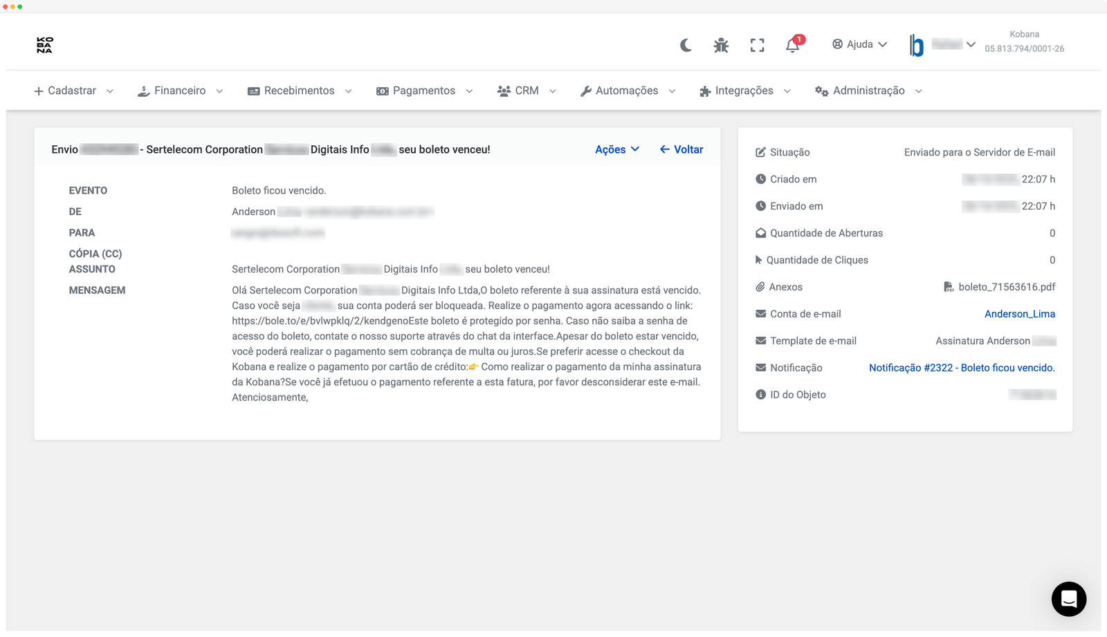 Detalhe de e-mail enviado