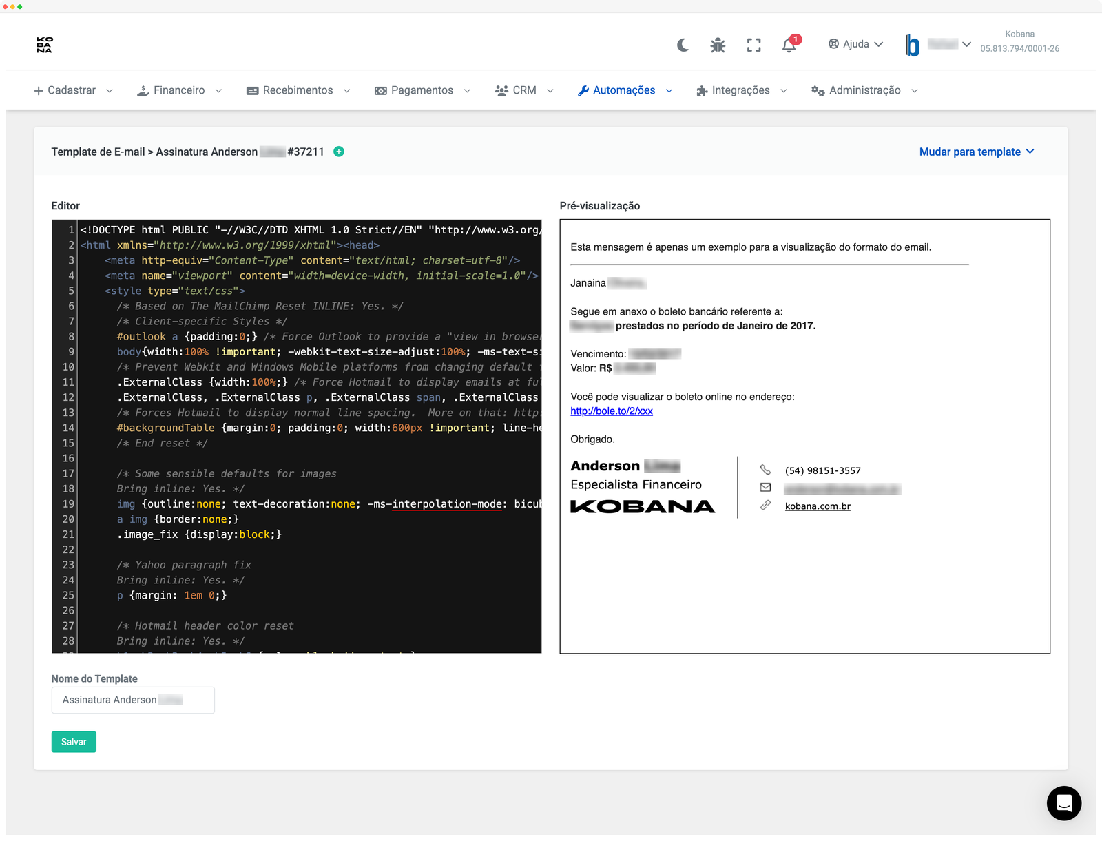 Editor de template de e-mail