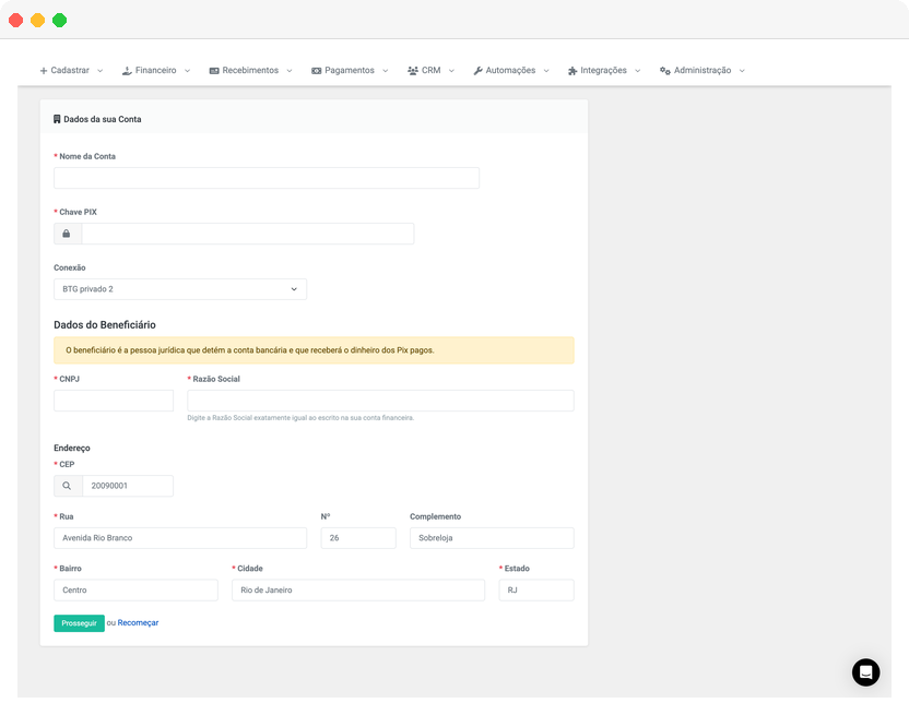 PIX account configuration screen